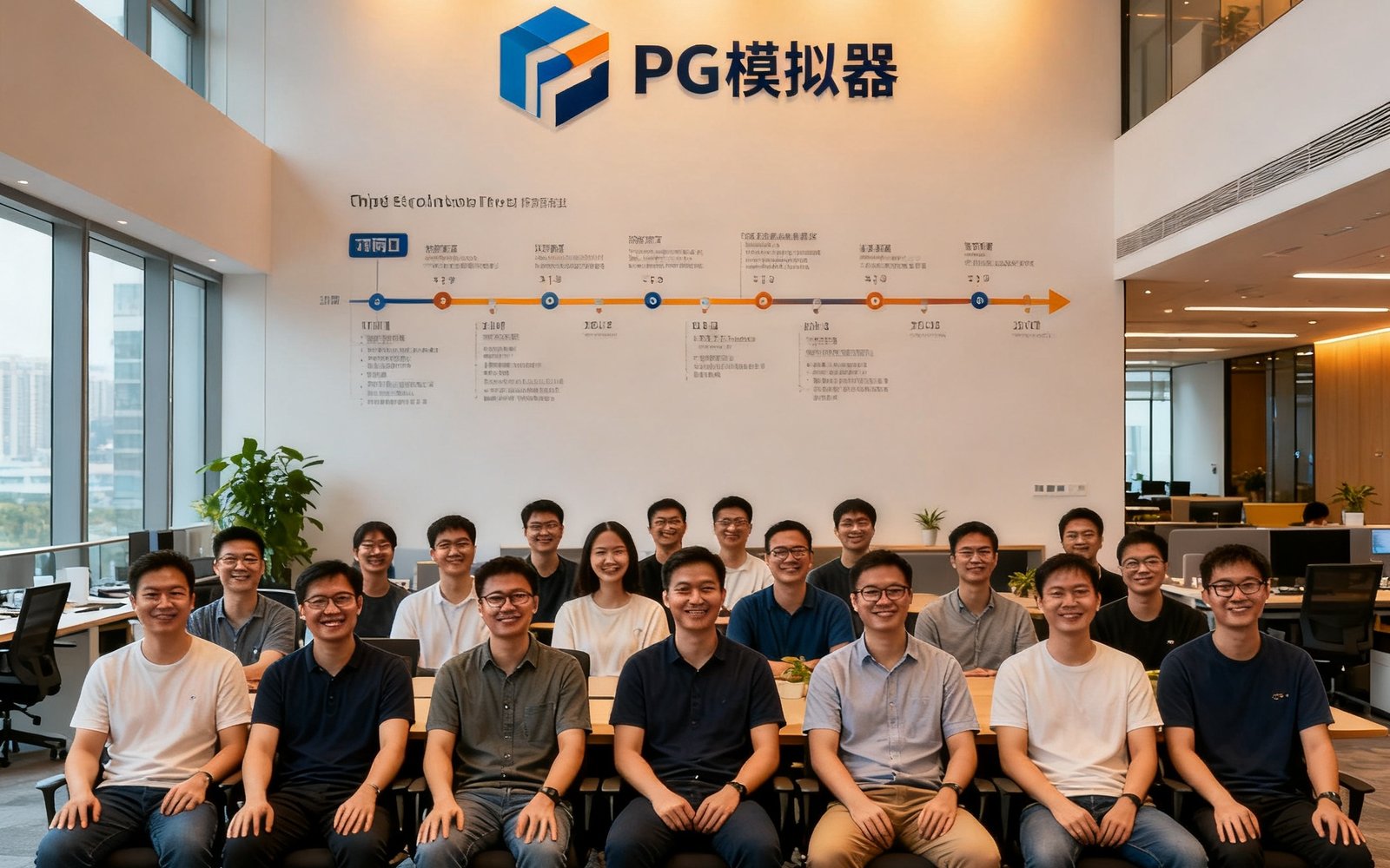 PG模拟器技术团队在深圳创智大厦办公室的合影，约30位成员面带微笑坐在开放式办公区，背景墙上有公司Logo和项目时间轴