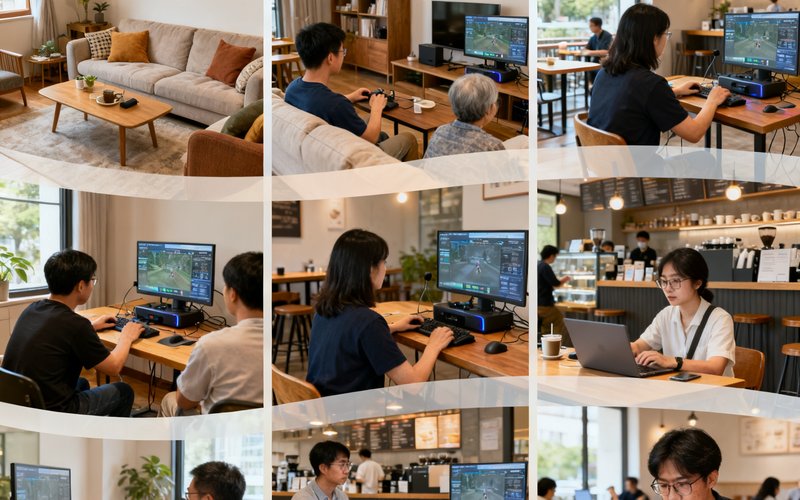 用户故事分享系列文章配图，展示多位用户使用PG模拟器的场景照片拼接